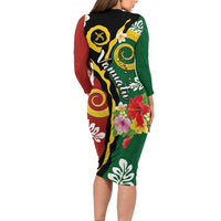 Melanesian Vanuatu Tribal Boar Tusk Family Matching Long Sleeve Bodycon Dress and Hawaiian Shirt Tropical Plants and Namele Motifs - Polynesian Pride