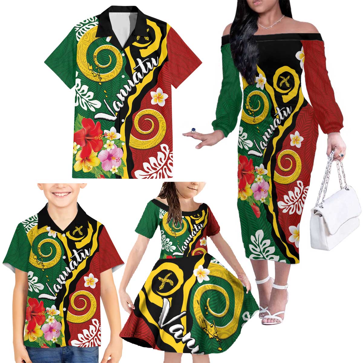 Melanesian Vanuatu Tribal Boar Tusk Family Matching Off The Shoulder Long Sleeve Dress and Hawaiian Shirt Tropical Plants and Namele Motifs - Polynesian Pride