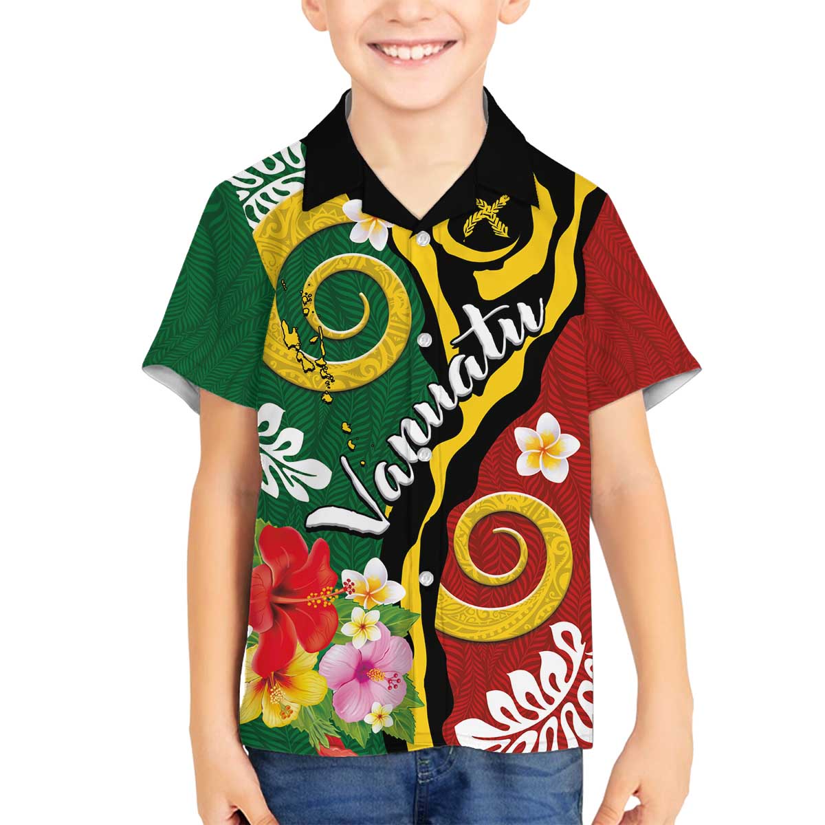 Melanesian Vanuatu Tribal Boar Tusk Family Matching Off The Shoulder Long Sleeve Dress and Hawaiian Shirt Tropical Plants and Namele Motifs - Polynesian Pride