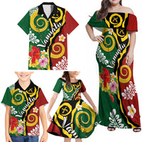 Melanesian Vanuatu Tribal Boar Tusk Family Matching Off Shoulder Maxi Dress and Hawaiian Shirt Tropical Plants and Namele Motifs - Polynesian Pride