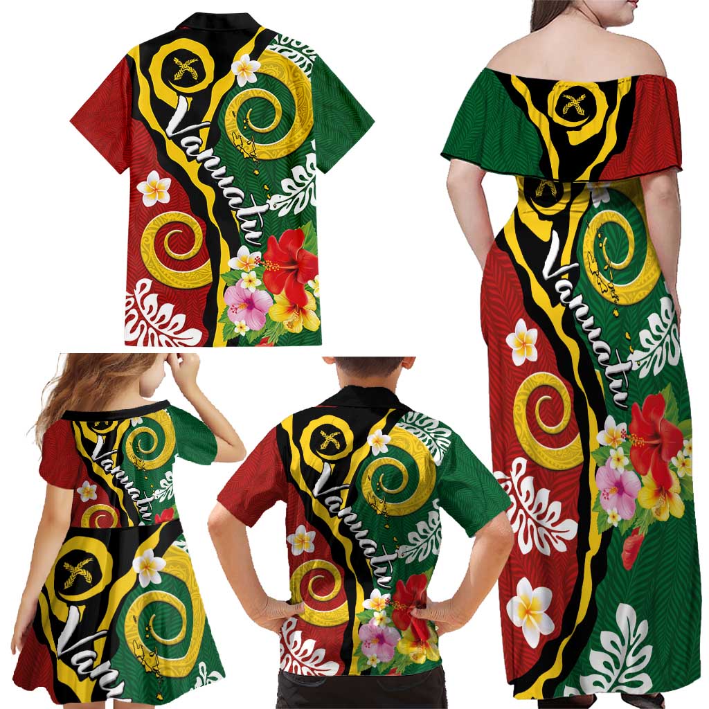 Melanesian Vanuatu Tribal Boar Tusk Family Matching Off Shoulder Maxi Dress and Hawaiian Shirt Tropical Plants and Namele Motifs - Polynesian Pride
