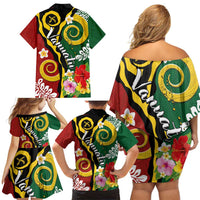 Melanesian Vanuatu Tribal Boar Tusk Family Matching Off Shoulder Short Dress and Hawaiian Shirt Tropical Plants and Namele Motifs - Polynesian Pride
