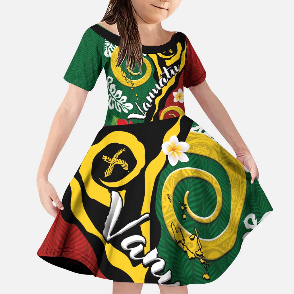 Melanesian Vanuatu Tribal Boar Tusk Family Matching Puletasi and Hawaiian Shirt Tropical Plants and Namele Motifs LT03 Daughter's Dress Green - Polynesian Pride