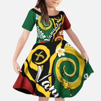 Melanesian Vanuatu Tribal Boar Tusk Family Matching Puletasi and Hawaiian Shirt Tropical Plants and Namele Motifs LT03 Daughter's Dress Green - Polynesian Pride