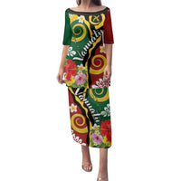 Melanesian Vanuatu Tribal Boar Tusk Family Matching Puletasi and Hawaiian Shirt Tropical Plants and Namele Motifs LT03 Mom's Dress Green - Polynesian Pride