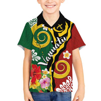 Melanesian Vanuatu Tribal Boar Tusk Family Matching Puletasi and Hawaiian Shirt Tropical Plants and Namele Motifs LT03 Son's Shirt Green - Polynesian Pride