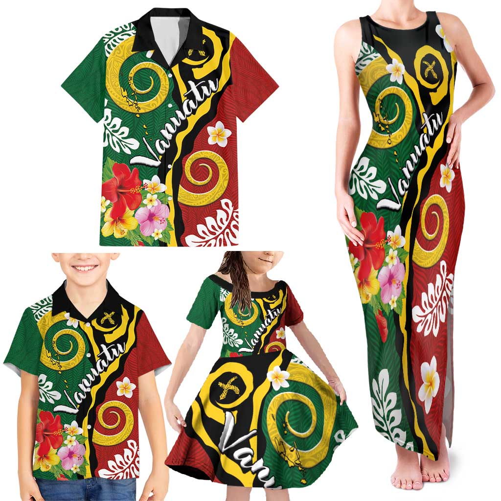Melanesian Vanuatu Tribal Boar Tusk Family Matching Tank Maxi Dress and Hawaiian Shirt Tropical Plants and Namele Motifs - Polynesian Pride