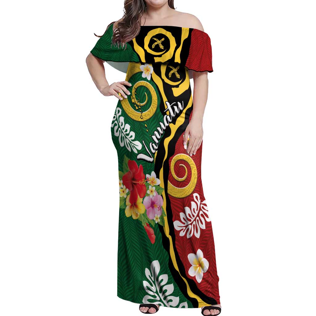 Melanesian Vanuatu Tribal Boar Tusk Off Shoulder Maxi Dress Tropical Plants and Namele Motifs LT03 Women Green - Polynesian Pride