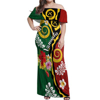 Melanesian Vanuatu Tribal Boar Tusk Off Shoulder Maxi Dress Tropical Plants and Namele Motifs LT03 Women Green - Polynesian Pride