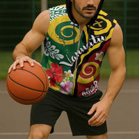 Melanesian Vanuatu Tribal Boar Tusk Sleeveless Zip Hoodie Tropical Plants and Namele Motifs - Polynesian Pride