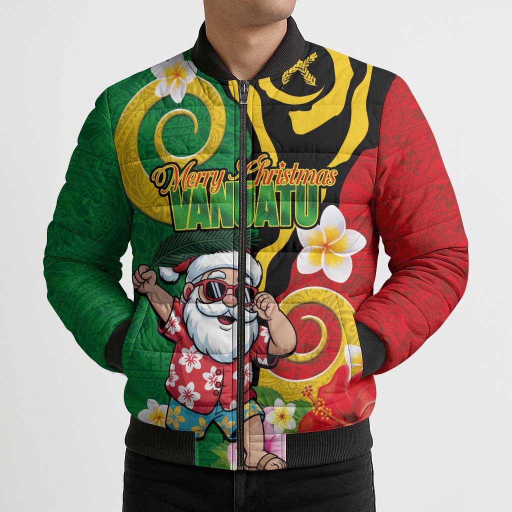 Vanuatu Christmas Bomber Puffer Jacket Funny Santa with Namele and Boar Tusk Tribal - Polynesian Pride