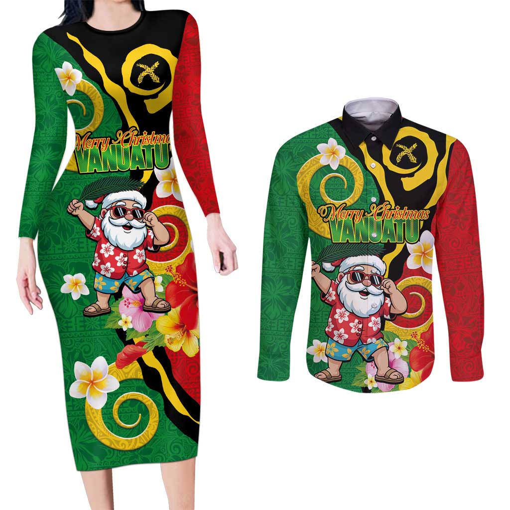 Vanuatu Christmas Couples Matching Long Sleeve Bodycon Dress and Long Sleeve Button Shirt Funny Santa with Namele and Boar Tusk Tribal - Polynesian Pride