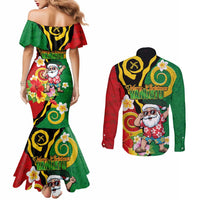 Vanuatu Christmas Couples Matching Mermaid Dress and Long Sleeve Button Shirt Funny Santa with Namele and Boar Tusk Tribal - Polynesian Pride