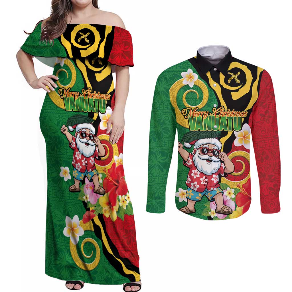 Vanuatu Christmas Couples Matching Off Shoulder Maxi Dress and Long Sleeve Button Shirt Funny Santa with Namele and Boar Tusk Tribal - Polynesian Pride