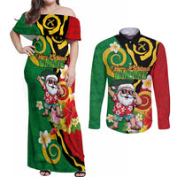 Vanuatu Christmas Couples Matching Off Shoulder Maxi Dress and Long Sleeve Button Shirt Funny Santa with Namele and Boar Tusk Tribal - Polynesian Pride