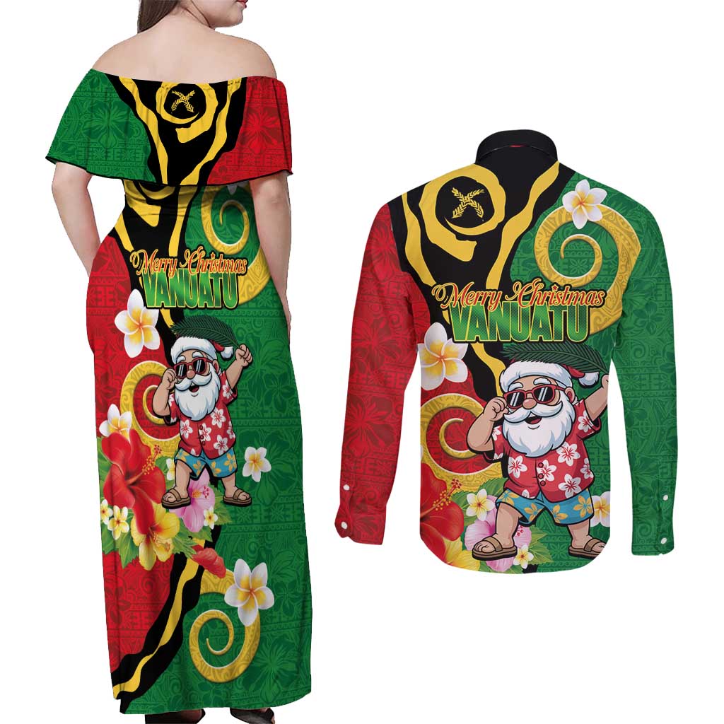 Vanuatu Christmas Couples Matching Off Shoulder Maxi Dress and Long Sleeve Button Shirt Funny Santa with Namele and Boar Tusk Tribal - Polynesian Pride