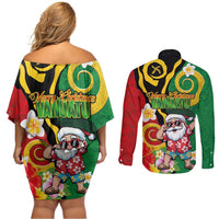 Vanuatu Christmas Couples Matching Off Shoulder Short Dress and Long Sleeve Button Shirt Funny Santa with Namele and Boar Tusk Tribal - Polynesian Pride