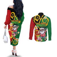 Vanuatu Christmas Couples Matching Off The Shoulder Long Sleeve Dress and Long Sleeve Button Shirt Funny Santa with Namele and Boar Tusk Tribal - Polynesian Pride