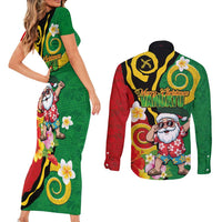 Vanuatu Christmas Couples Matching Short Sleeve Bodycon Dress and Long Sleeve Button Shirt Funny Santa with Namele and Boar Tusk Tribal - Polynesian Pride