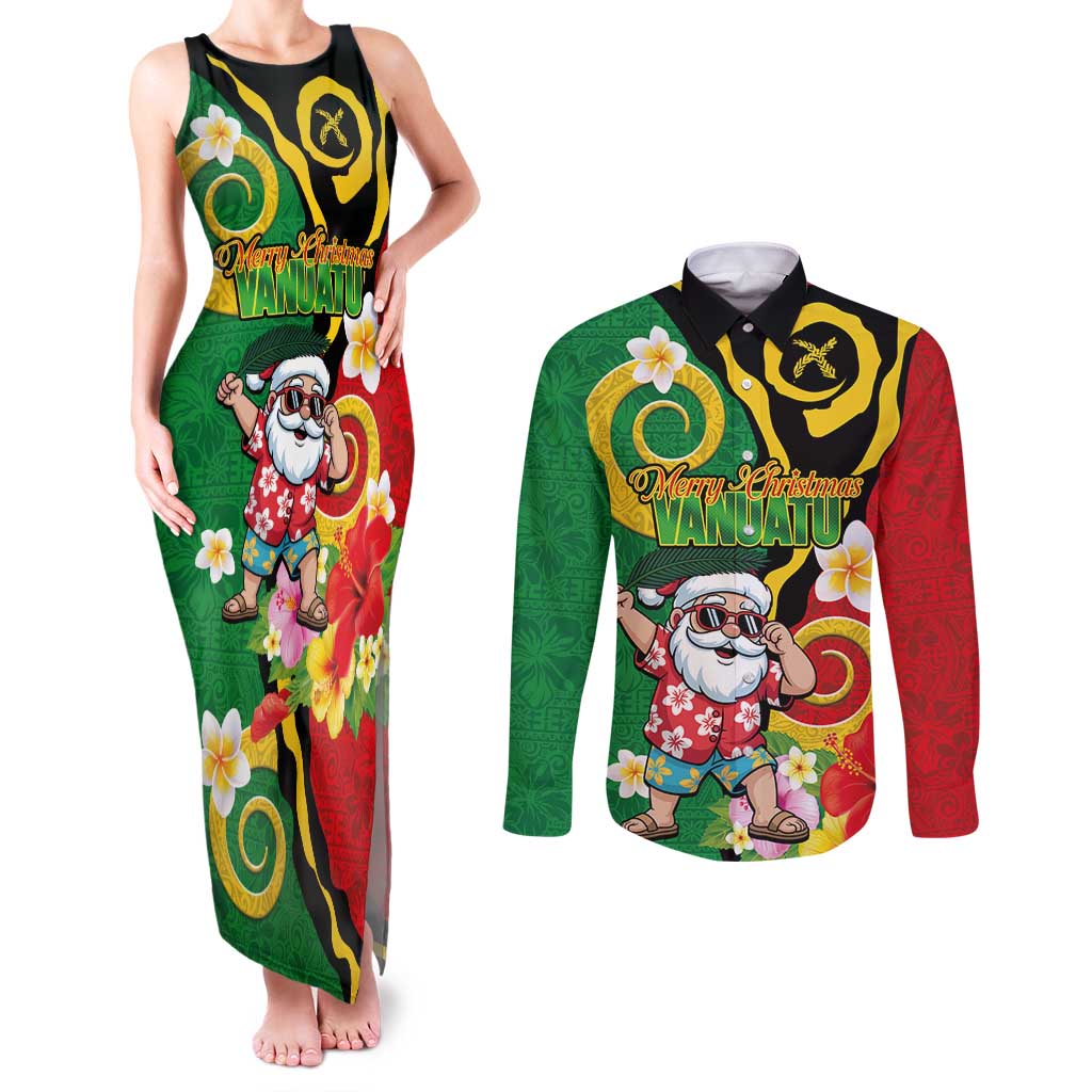 Vanuatu Christmas Couples Matching Tank Maxi Dress and Long Sleeve Button Shirt Funny Santa with Namele and Boar Tusk Tribal - Polynesian Pride