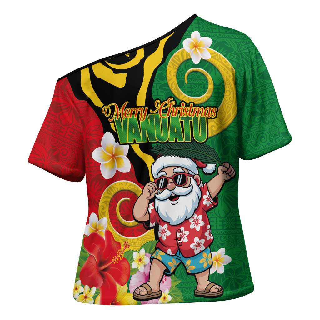 Vanuatu Christmas Cross Shoulder Shirt Funny Santa with Namele and Boar Tusk Tribal - Polynesian Pride