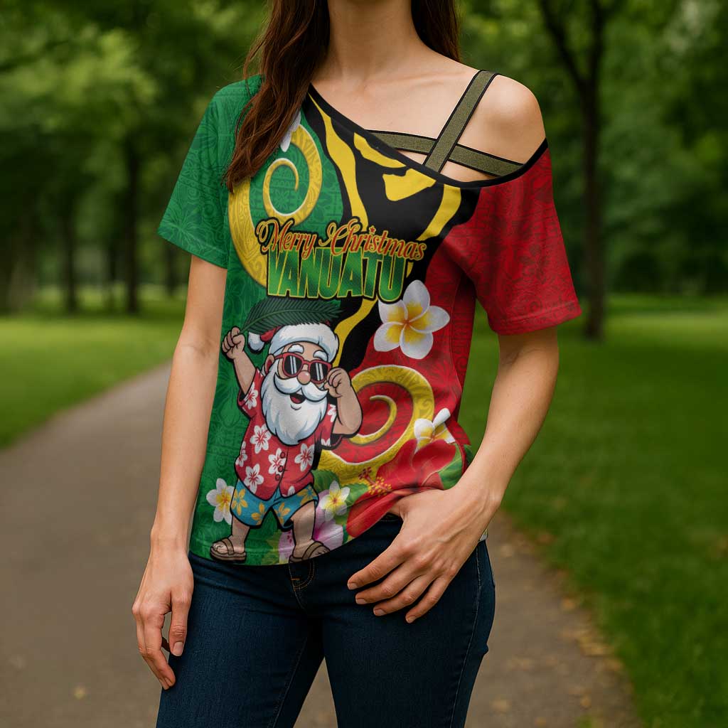 Vanuatu Christmas Cross Shoulder Shirt Funny Santa with Namele and Boar Tusk Tribal - Polynesian Pride