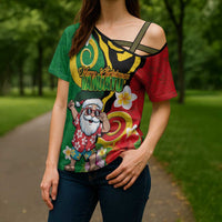 Vanuatu Christmas Cross Shoulder Shirt Funny Santa with Namele and Boar Tusk Tribal - Polynesian Pride