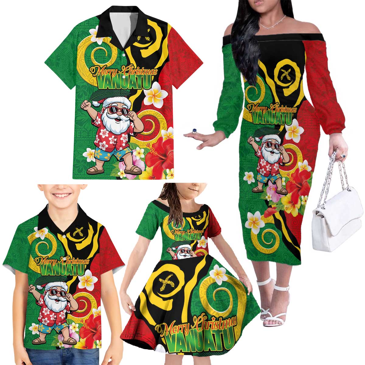Vanuatu Christmas Family Matching Off The Shoulder Long Sleeve Dress and Hawaiian Shirt Funny Santa with Namele and Boar Tusk Tribal - Polynesian Pride