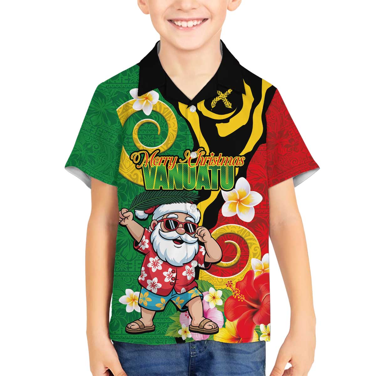Vanuatu Christmas Family Matching Off The Shoulder Long Sleeve Dress and Hawaiian Shirt Funny Santa with Namele and Boar Tusk Tribal - Polynesian Pride