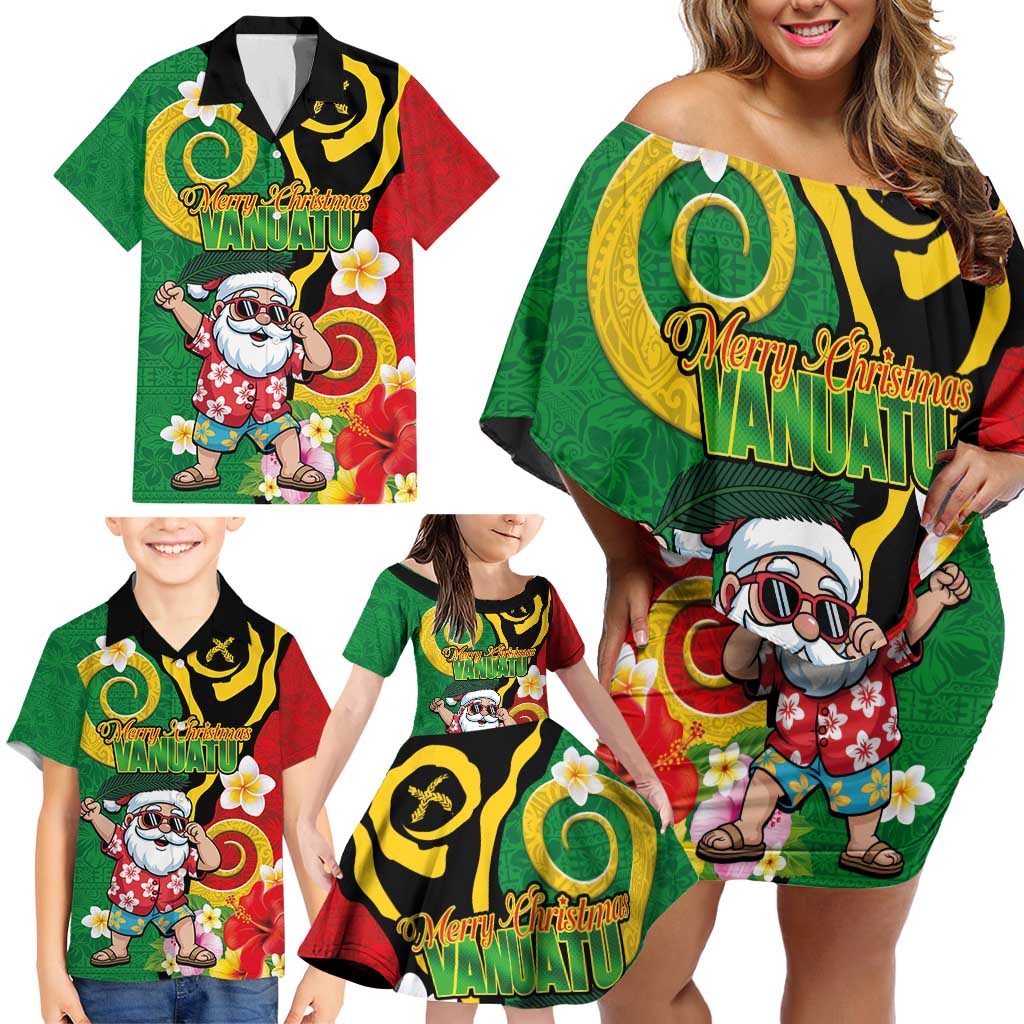 Vanuatu Christmas Family Matching Off Shoulder Short Dress and Hawaiian Shirt Funny Santa with Namele and Boar Tusk Tribal - Polynesian Pride