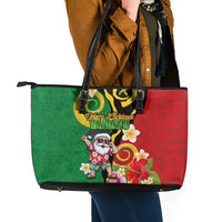 Vanuatu Christmas Leather Tote Bag Funny Santa with Namele and Boar Tusk Tribal - Polynesian Pride