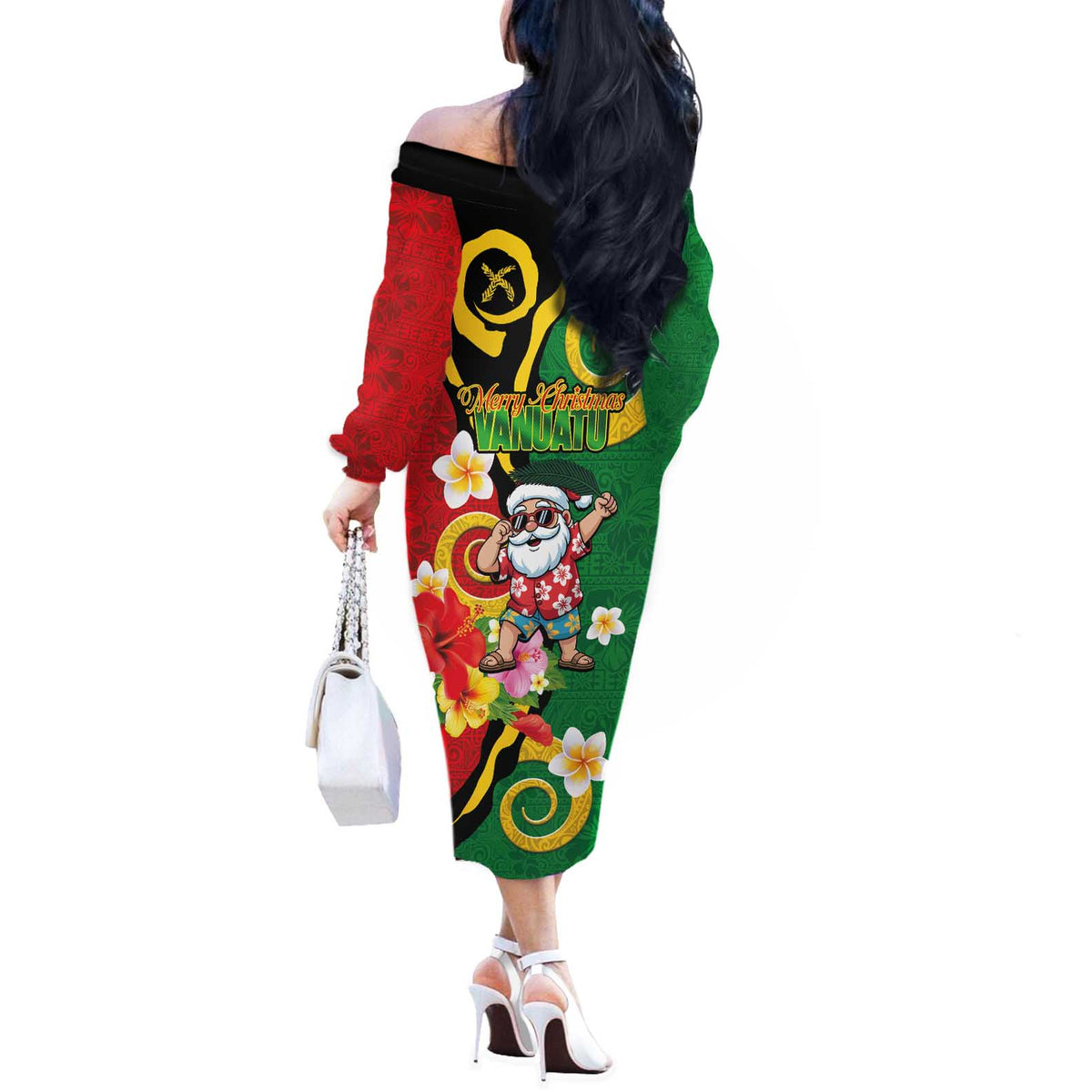 Vanuatu Christmas Off The Shoulder Long Sleeve Dress Funny Santa with Namele and Boar Tusk Tribal - Polynesian Pride