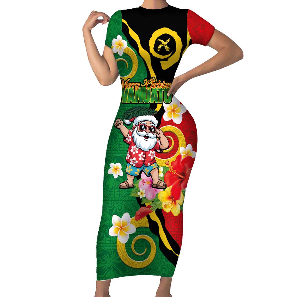 Vanuatu Christmas Short Sleeve Bodycon Dress Funny Santa with Namele and Boar Tusk Tribal - Polynesian Pride