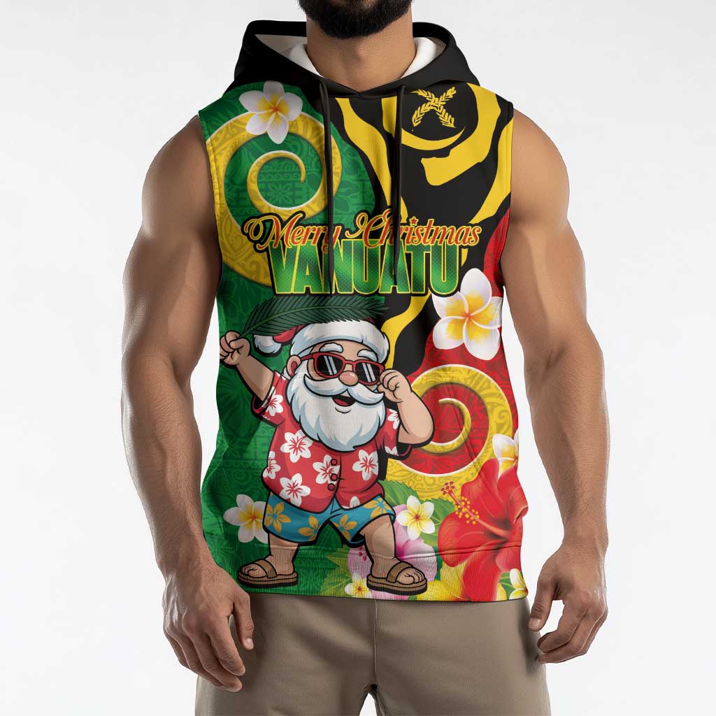 Vanuatu Christmas Sleeveless Hoodie Funny Santa with Namele and Boar Tusk Tribal - Polynesian Pride