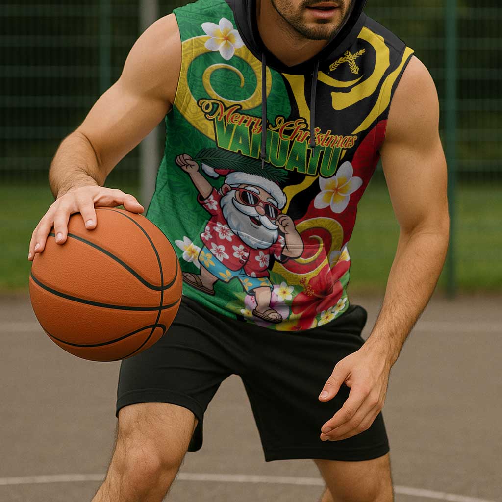 Vanuatu Christmas Sleeveless Hoodie Funny Santa with Namele and Boar Tusk Tribal - Polynesian Pride