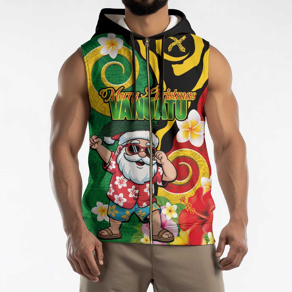Vanuatu Christmas Sleeveless Zip Hoodie Funny Santa with Namele and Boar Tusk Tribal - Polynesian Pride