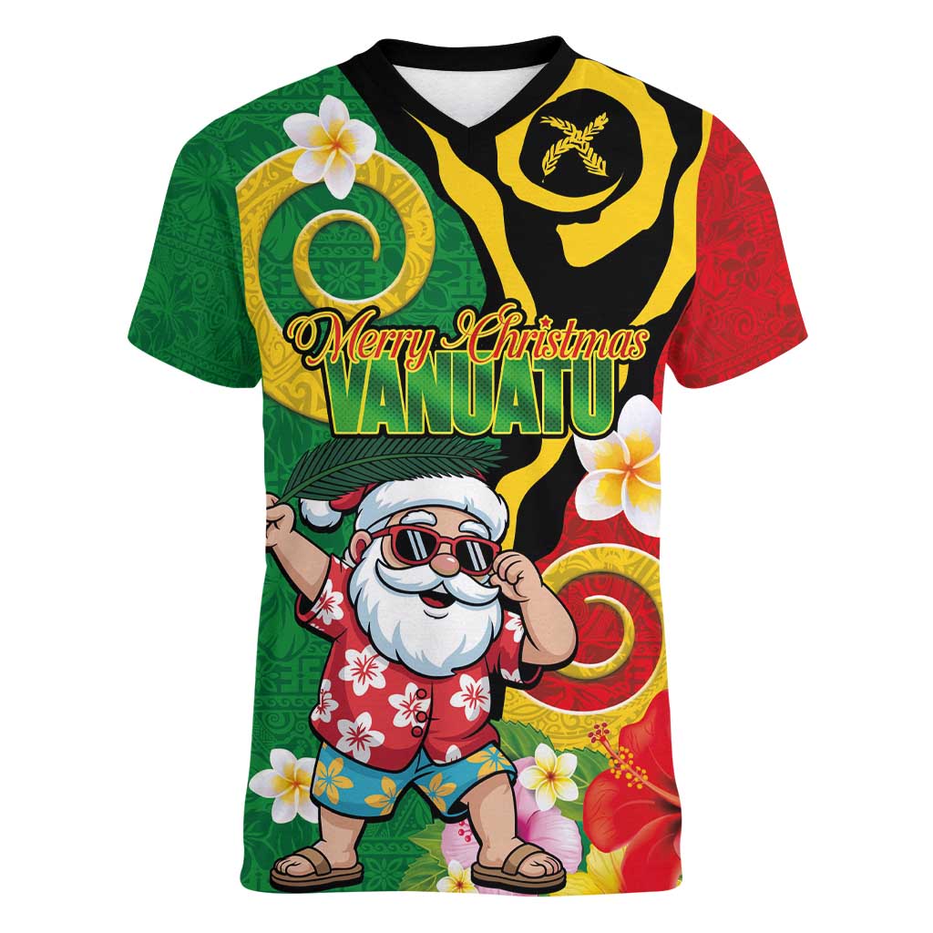 Vanuatu Christmas Women V-Neck T-Shirt Funny Santa with Namele and Boar Tusk Tribal - Polynesian Pride