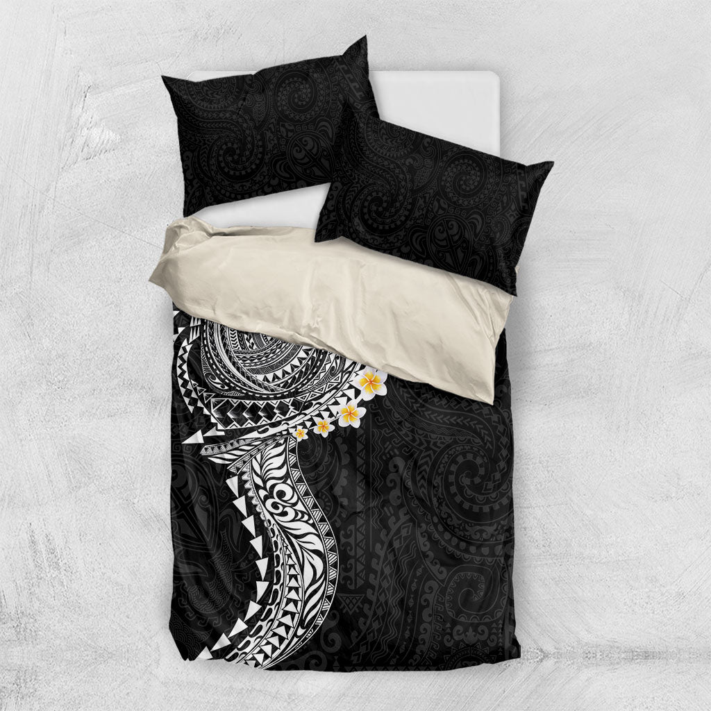 Hawaiian Tribal Tattoo and Plumeria Bedding Set Polynesian Pattern Black Color LT03 US Twin 172cm x 218cm Black - Polynesian Pride