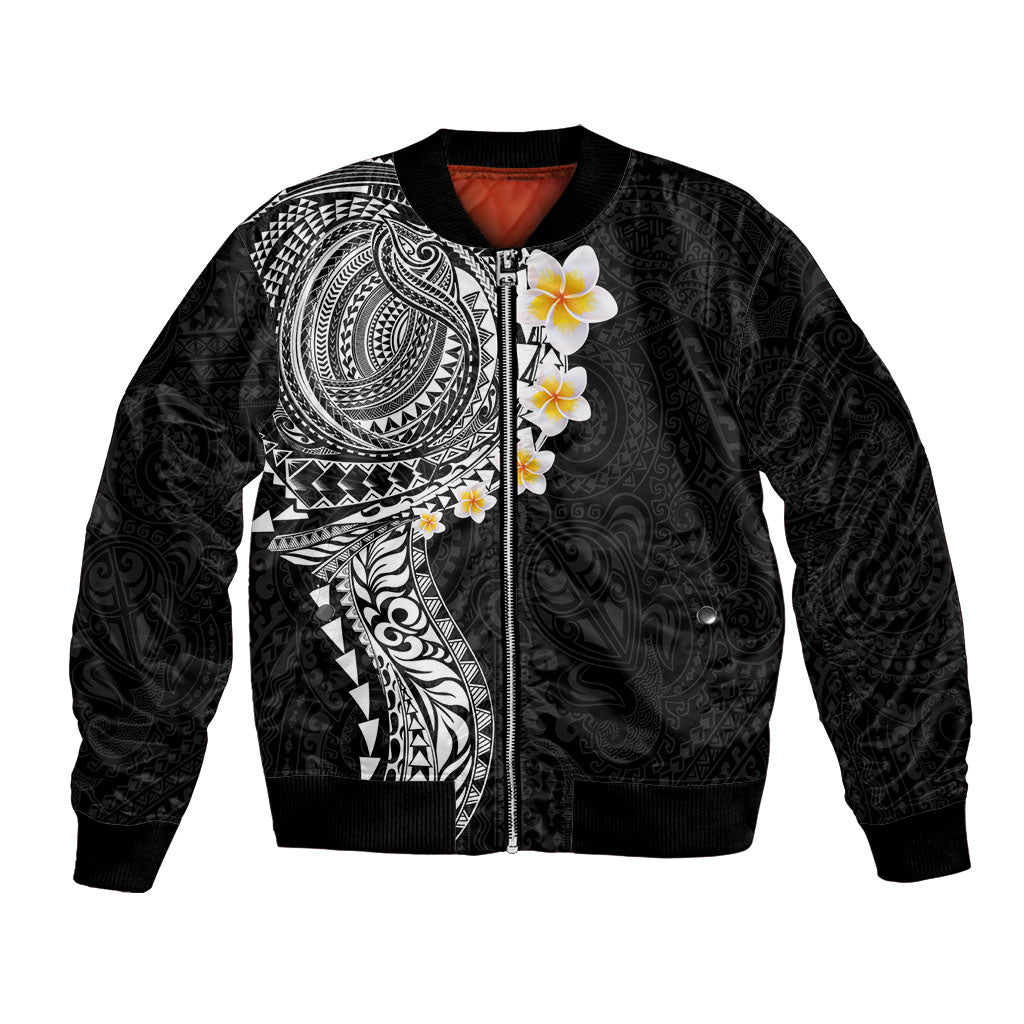 Hawaiian Tribal Tattoo and Plumeria Bomber Jacket Polynesian Pattern Black Color LT03 Unisex Black - Polynesian Pride