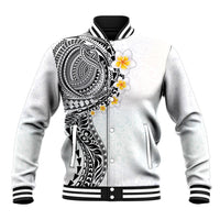 Hawaiian Tribal Tattoo and Plumeria Baseball Jacket Polynesian Pattern White Color LT03 Unisex White - Polynesian Pride