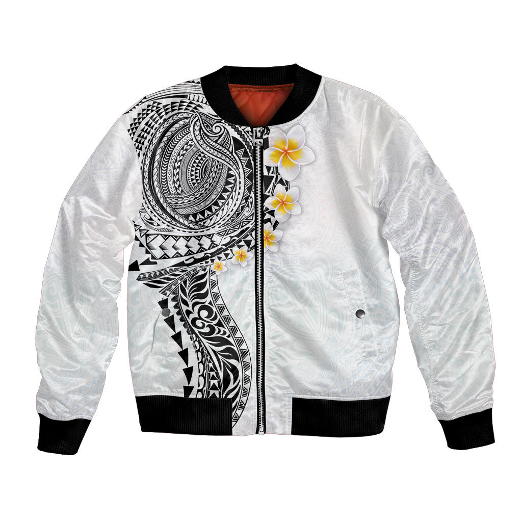 Hawaiian Tribal Tattoo and Plumeria Bomber Jacket Polynesian Pattern White Color LT03 Unisex White - Polynesian Pride