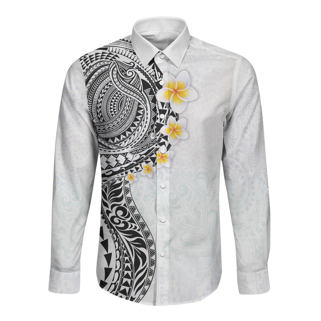 Hawaiian Tribal Tattoo and Plumeria Long Sleeve Button Shirt Polynesian Pattern White Color LT03 Unisex White - Polynesian Pride