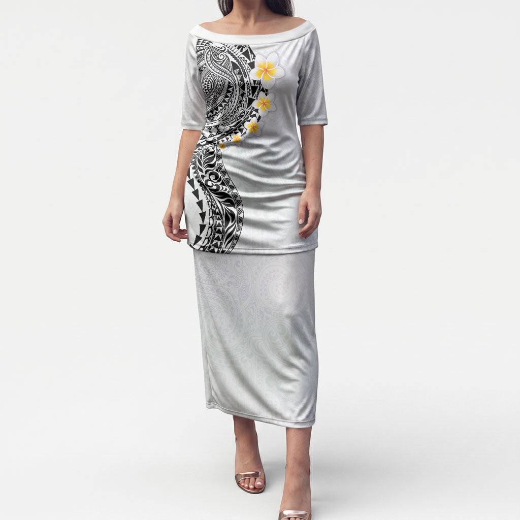 Hawaiian Tribal Tattoo and Plumeria Puletasi Polynesian Pattern White Color LT03 Long Dress White - Polynesian Pride