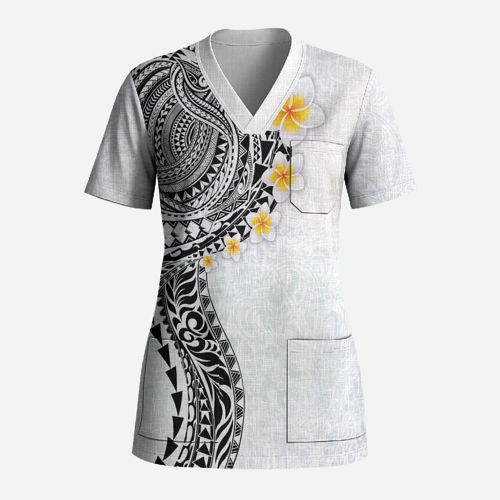 Hawaiian Tribal Tattoo and Plumeria Scrub Top Polynesian Pattern White Color LT03 Adult White - Polynesian Pride