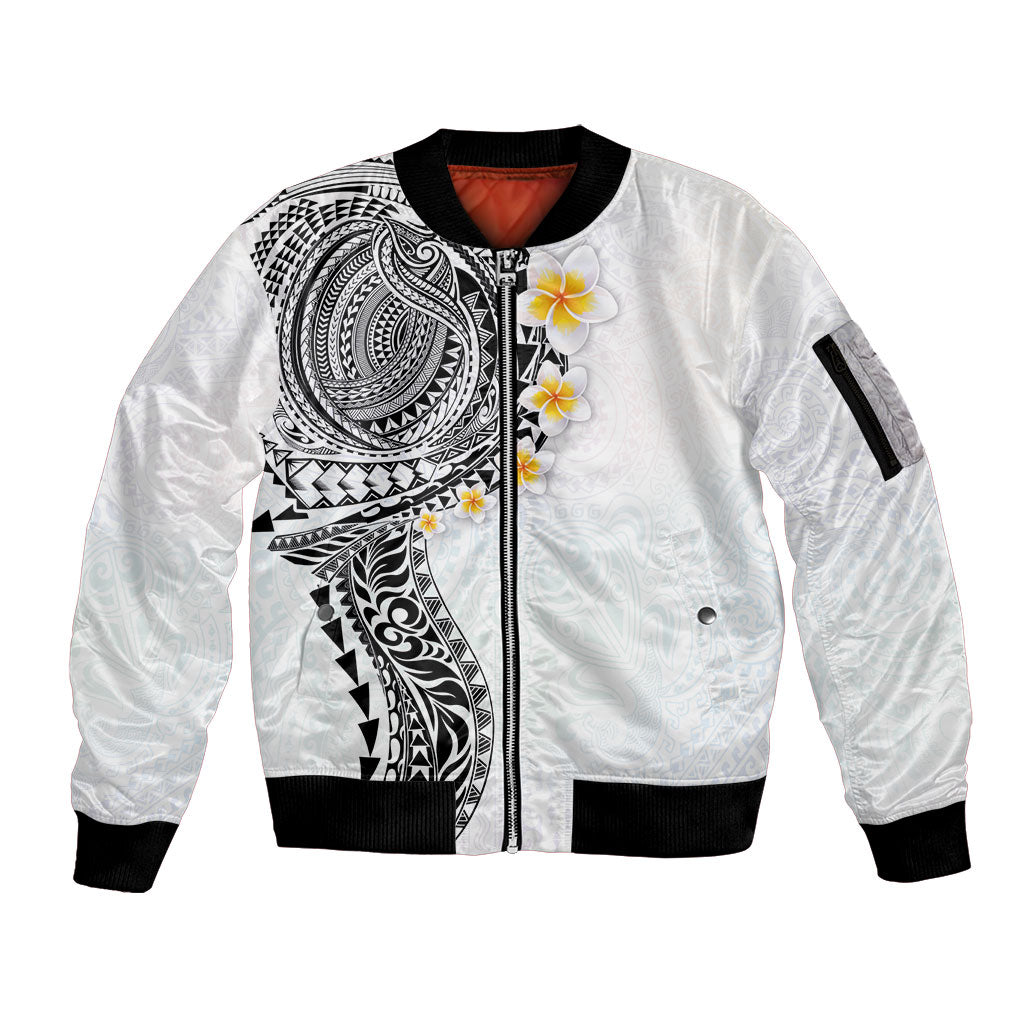Hawaiian Tribal Tattoo and Plumeria Sleeve Zip Bomber Jacket Polynesian Pattern White Color LT03 Unisex White - Polynesian Pride