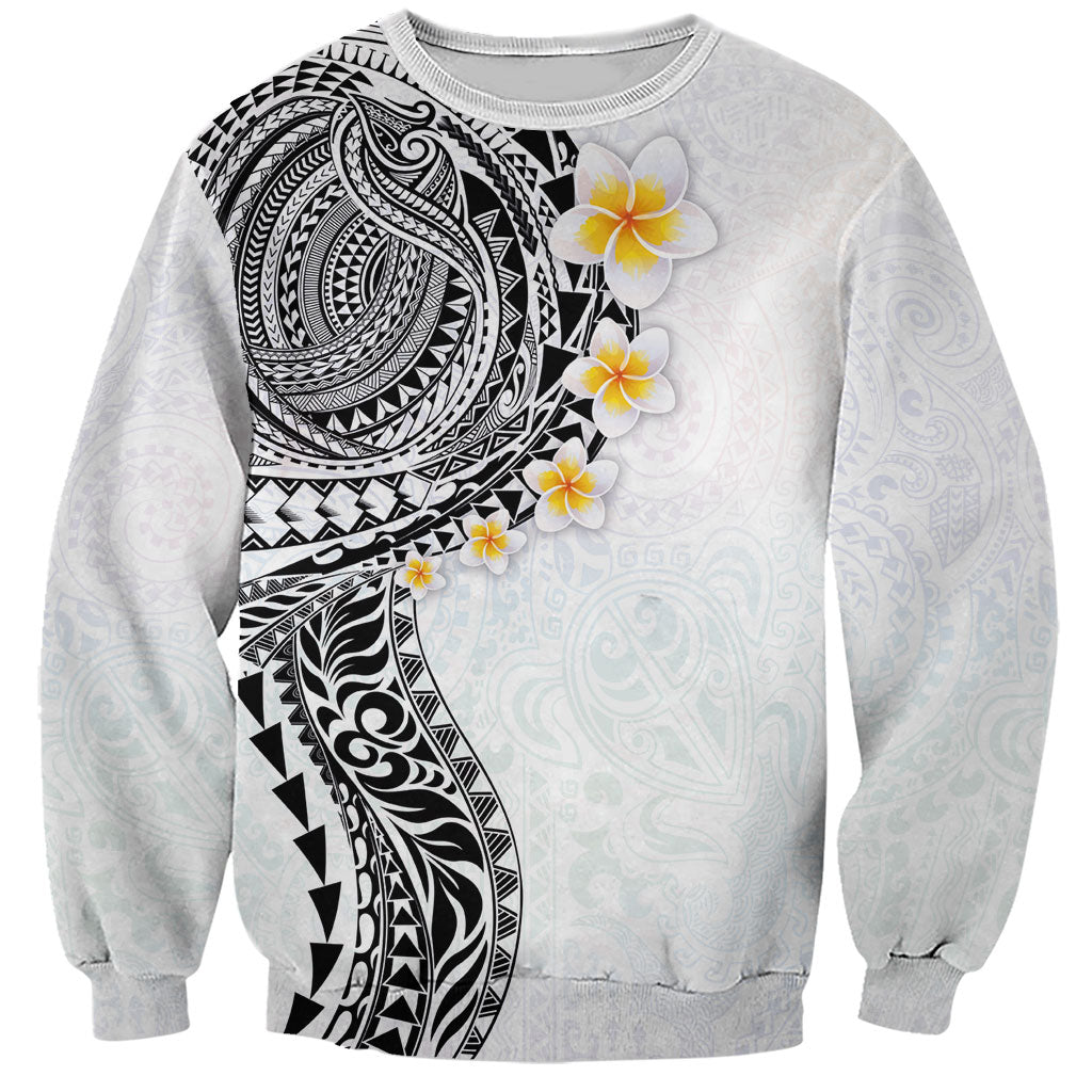 Hawaiian Tribal Tattoo and Plumeria Sweatshirt Polynesian Pattern White Color LT03 Unisex White - Polynesian Pride