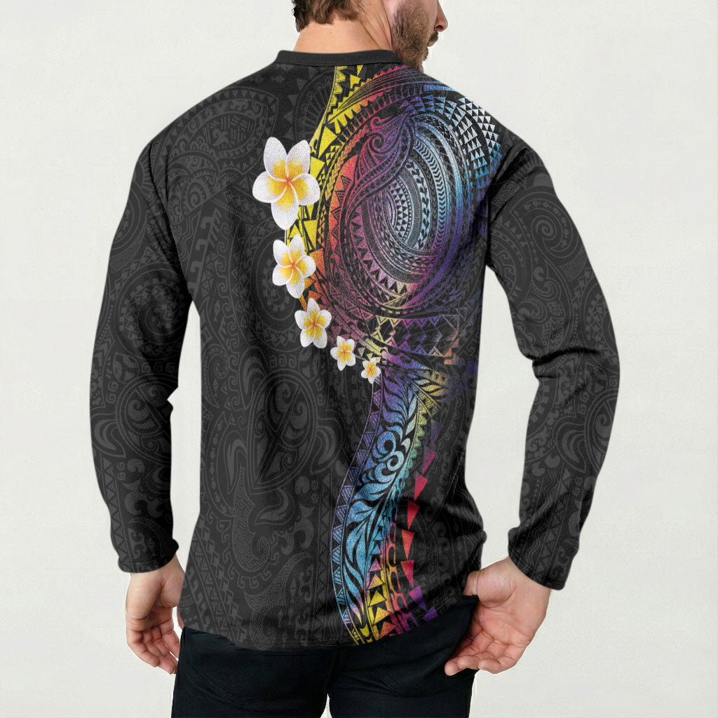 Hawaiian Tribal Tattoo and Plumeria Button Sweatshirt Polynesian Pattern Rainbow