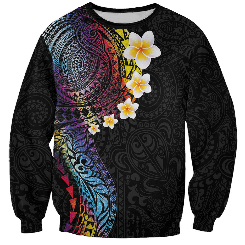 Hawaiian Tribal Tattoo and Plumeria Sweatshirt Polynesian Pattern Rainbow LT03 Unisex Black - Polynesian Pride