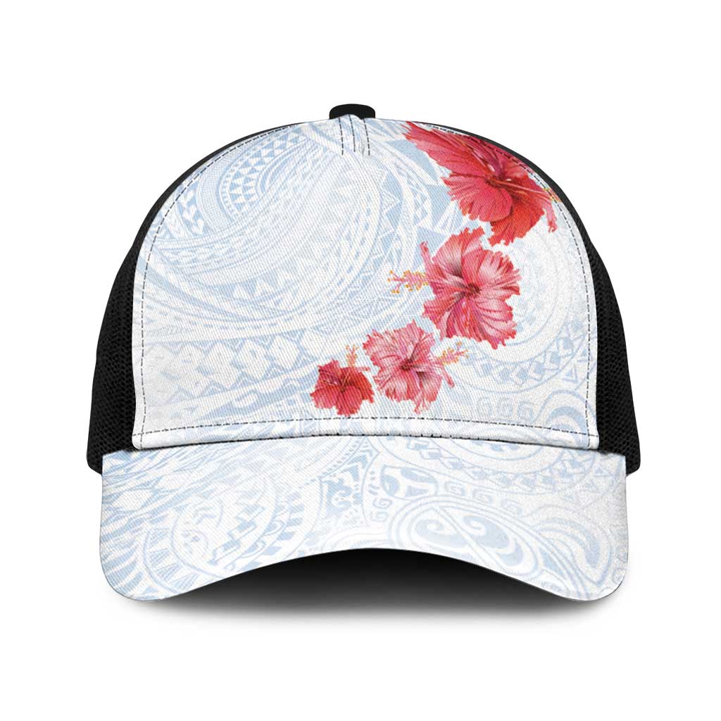 Hawaiian Tribal Tattoo and Hibiscus Baseball Net Cap Polynesian Pattern Airy White Blue Cloud LT03 One Size Black White - Polynesian Pride