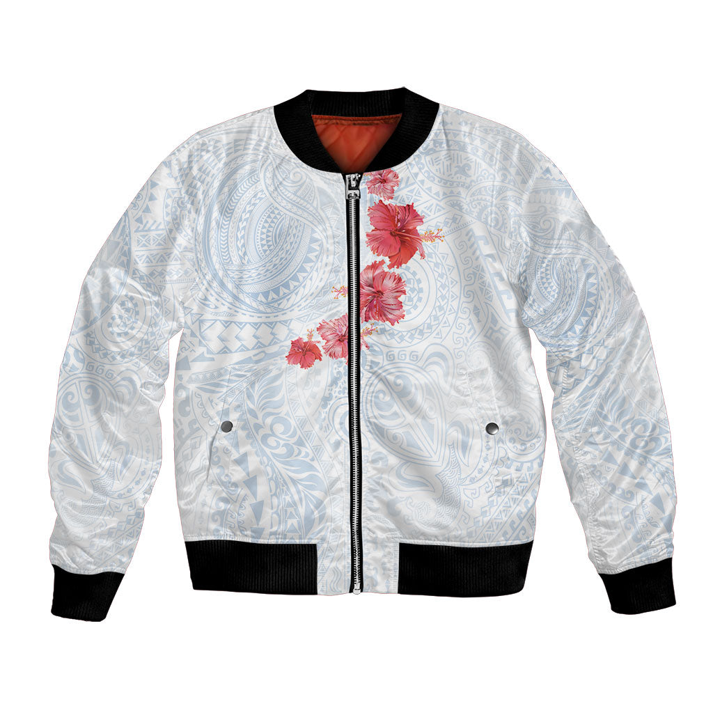 Hawaiian Tribal Tattoo and Hibiscus Bomber Jacket Polynesian Pattern Airy White Blue Cloud LT03 Unisex White - Polynesian Pride
